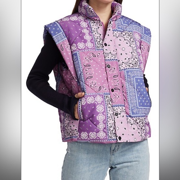 Pistola Callista Purple Pink Quilted Orchid Bandana-Print Puffer Jacket or Vest - Picture 9 of 16